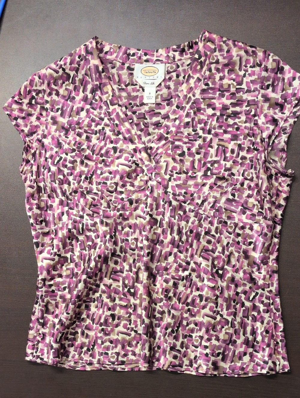 Talbots Petite Women's Purple & White Geom-Print V-Neck Short Sleeve Pure Top 8